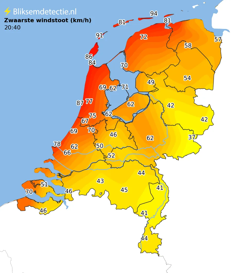 Zwaarste windstoten kaart Nederland
