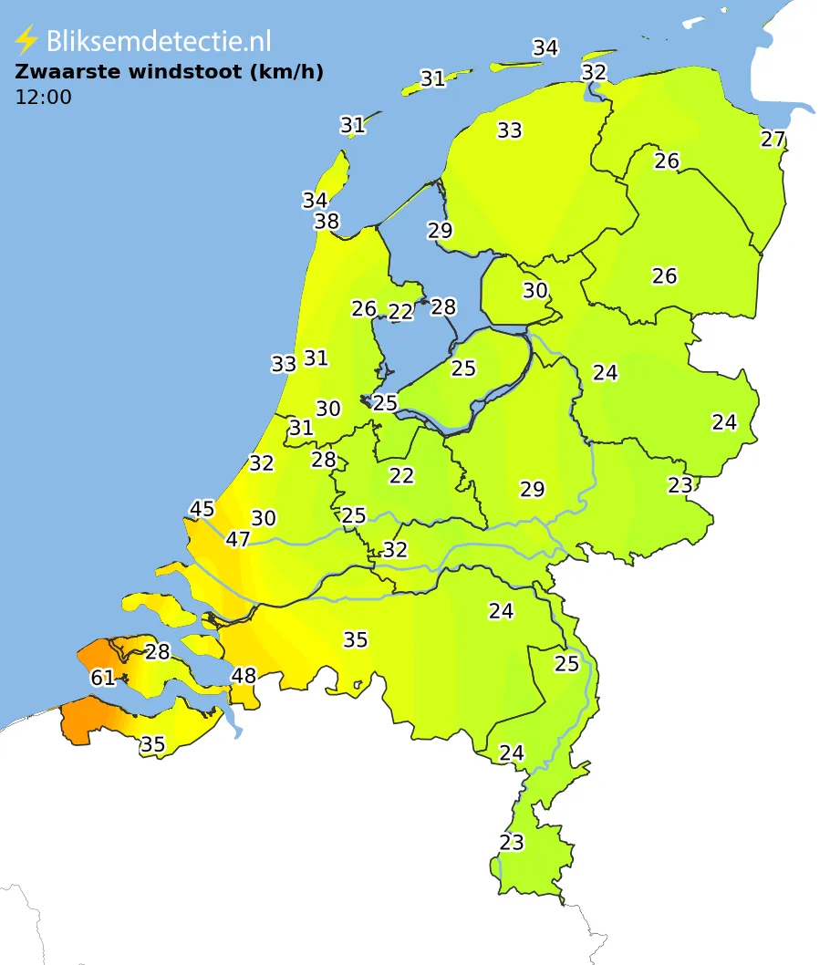 Zwaarste windstoten kaart Nederland