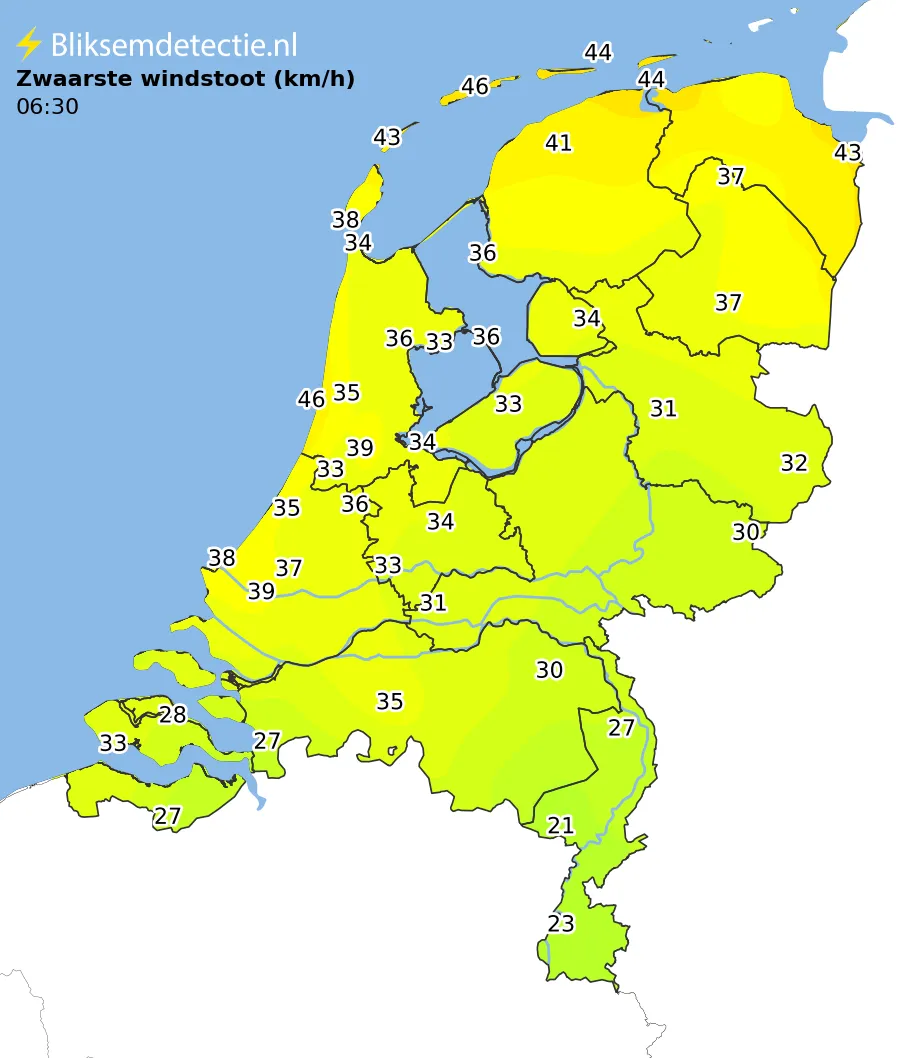 Zwaarste windstoten kaart Nederland