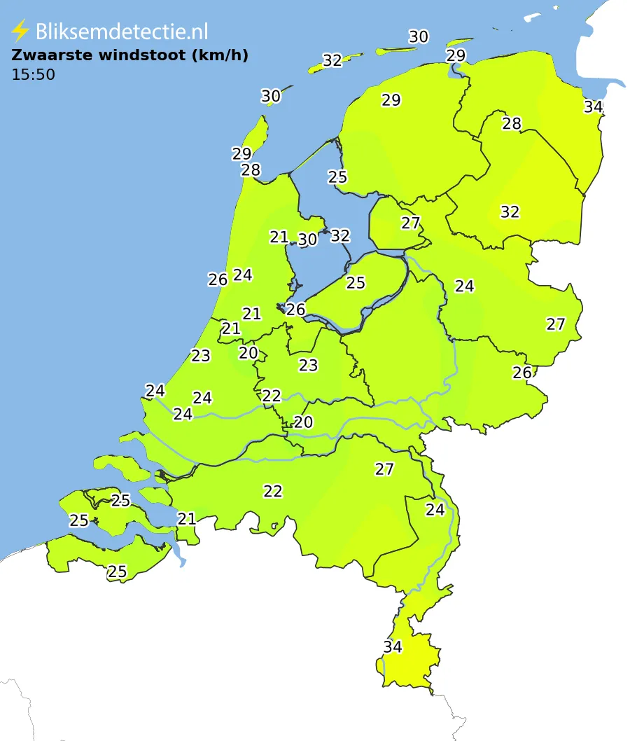 Zwaarste windstoten kaart Nederland