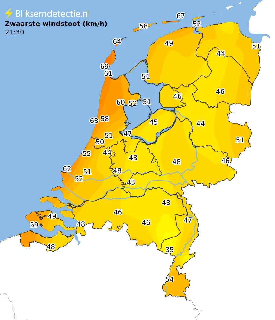 Zwaarste windstoten kaart Nederland