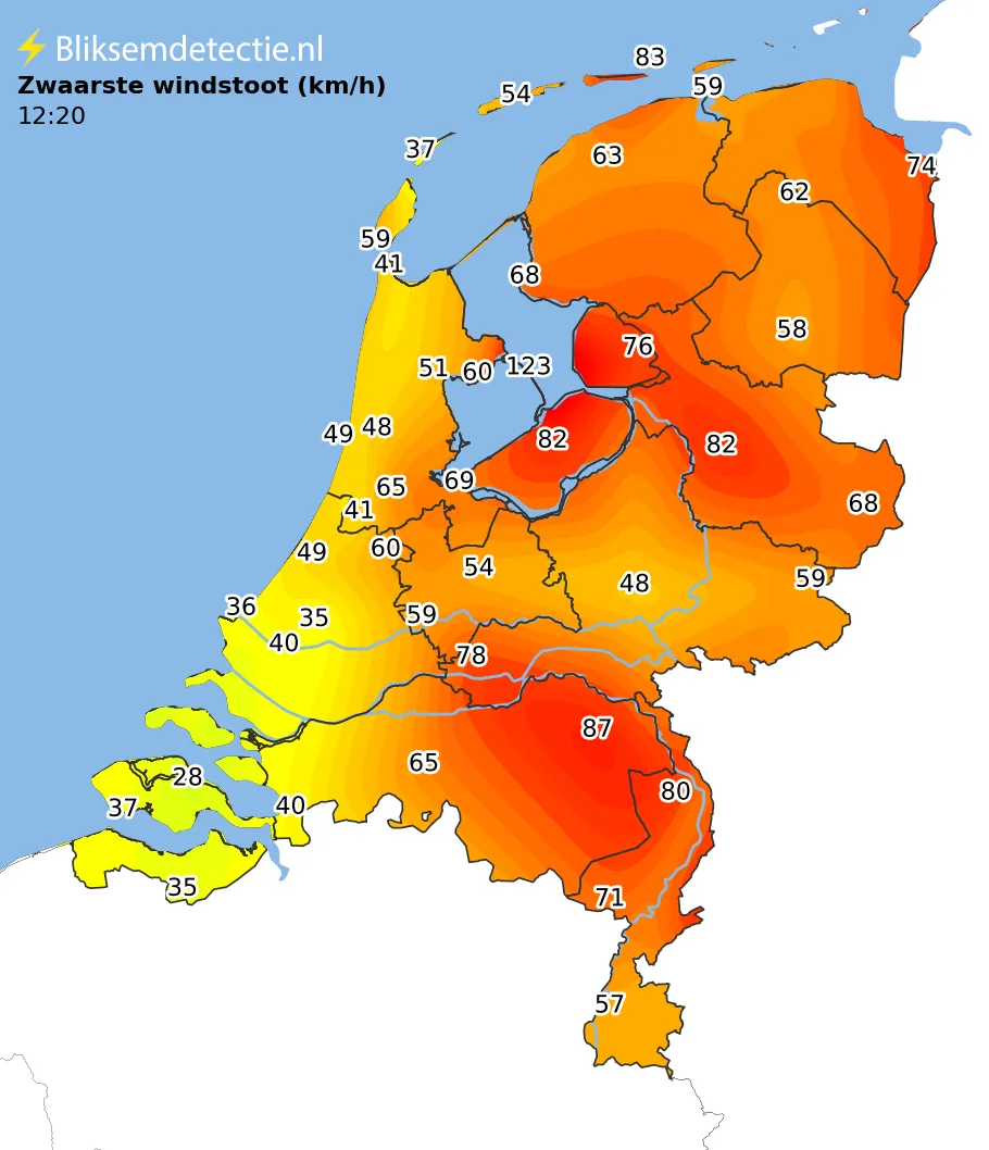 Zwaarste windstoten kaart Nederland