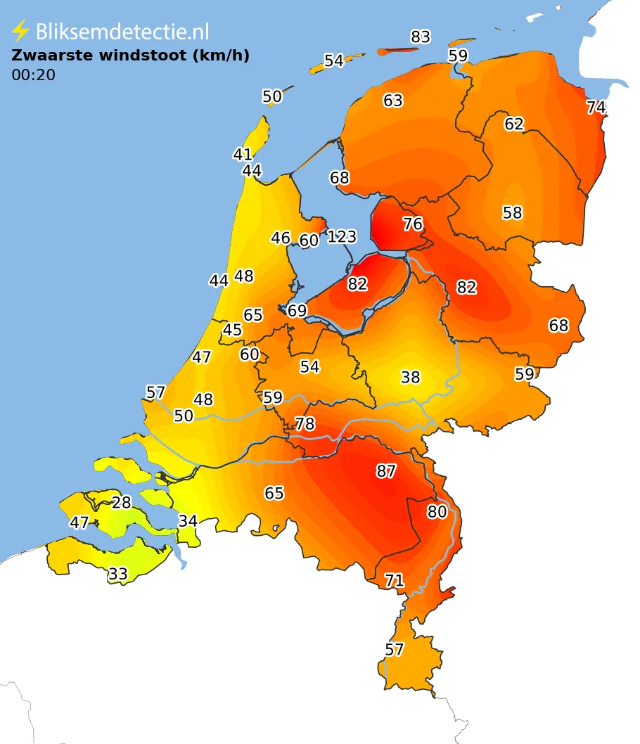 Zwaarste windstoten kaart Nederland