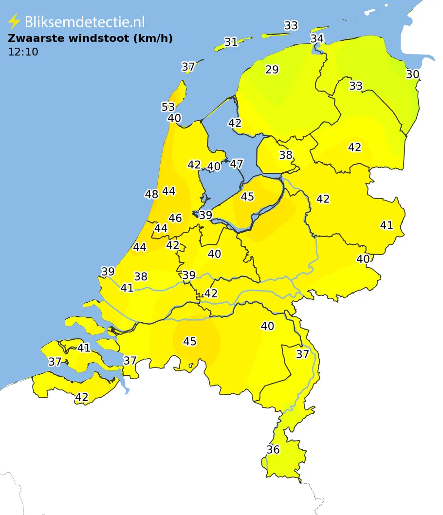 Zwaarste windstoten kaart Nederland