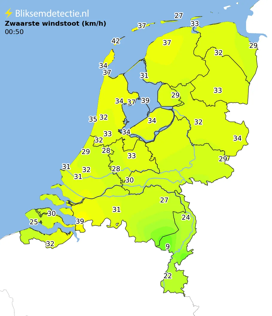 Zwaarste windstoten kaart Nederland