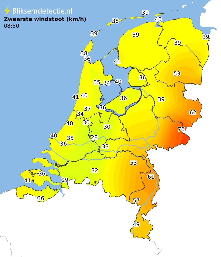 Zwaarste windstoten kaart Nederland