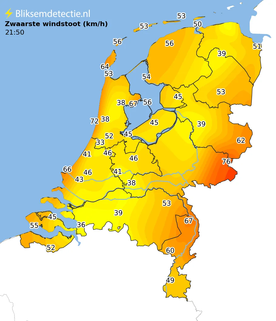Zwaarste windstoten kaart Nederland