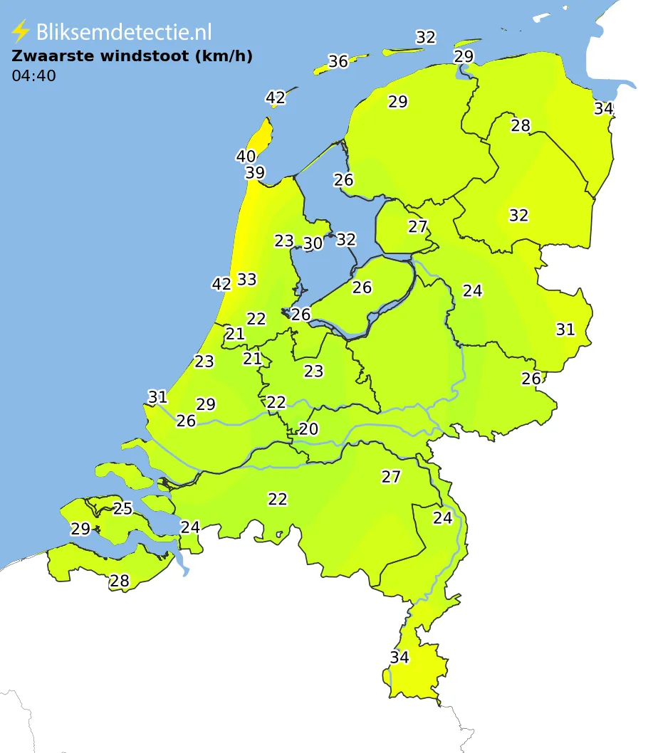 Zwaarste windstoten kaart Nederland