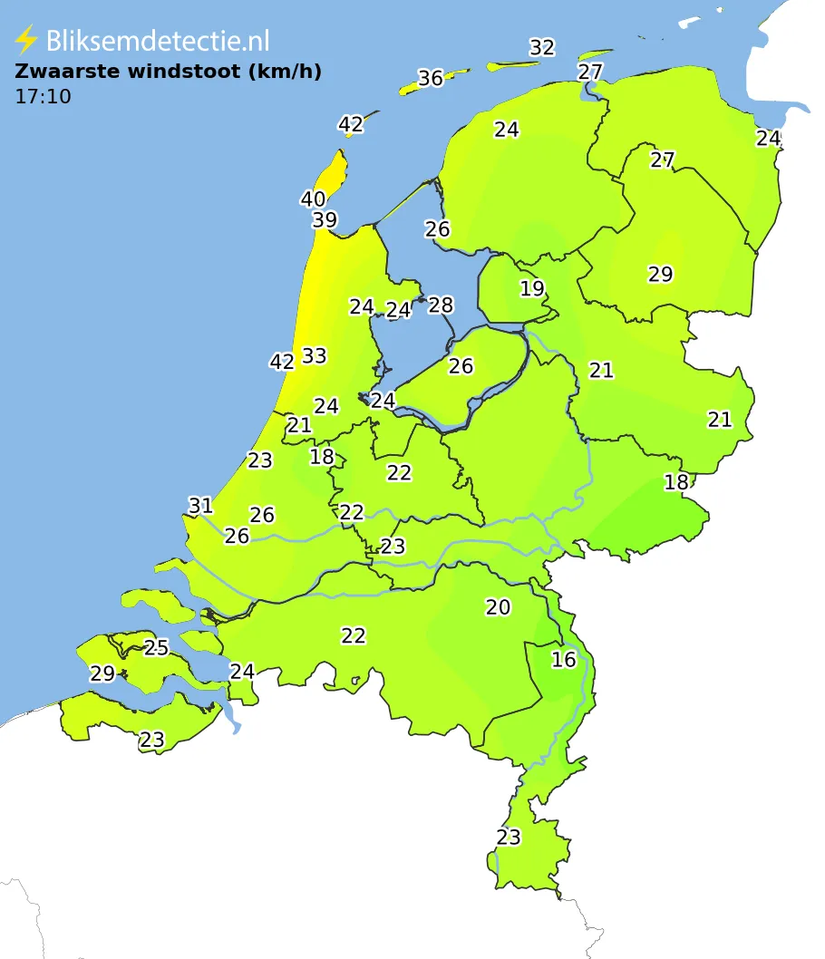 Zwaarste windstoten kaart Nederland