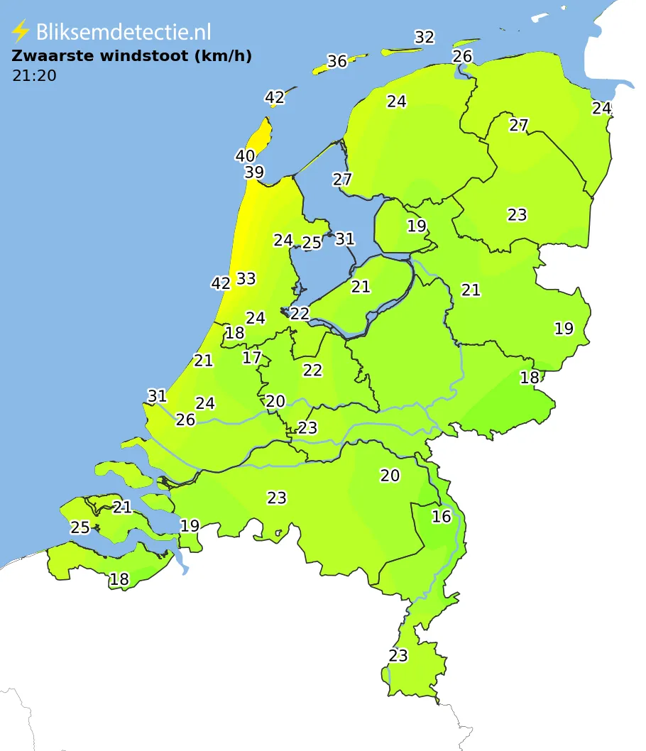 Zwaarste windstoten kaart Nederland