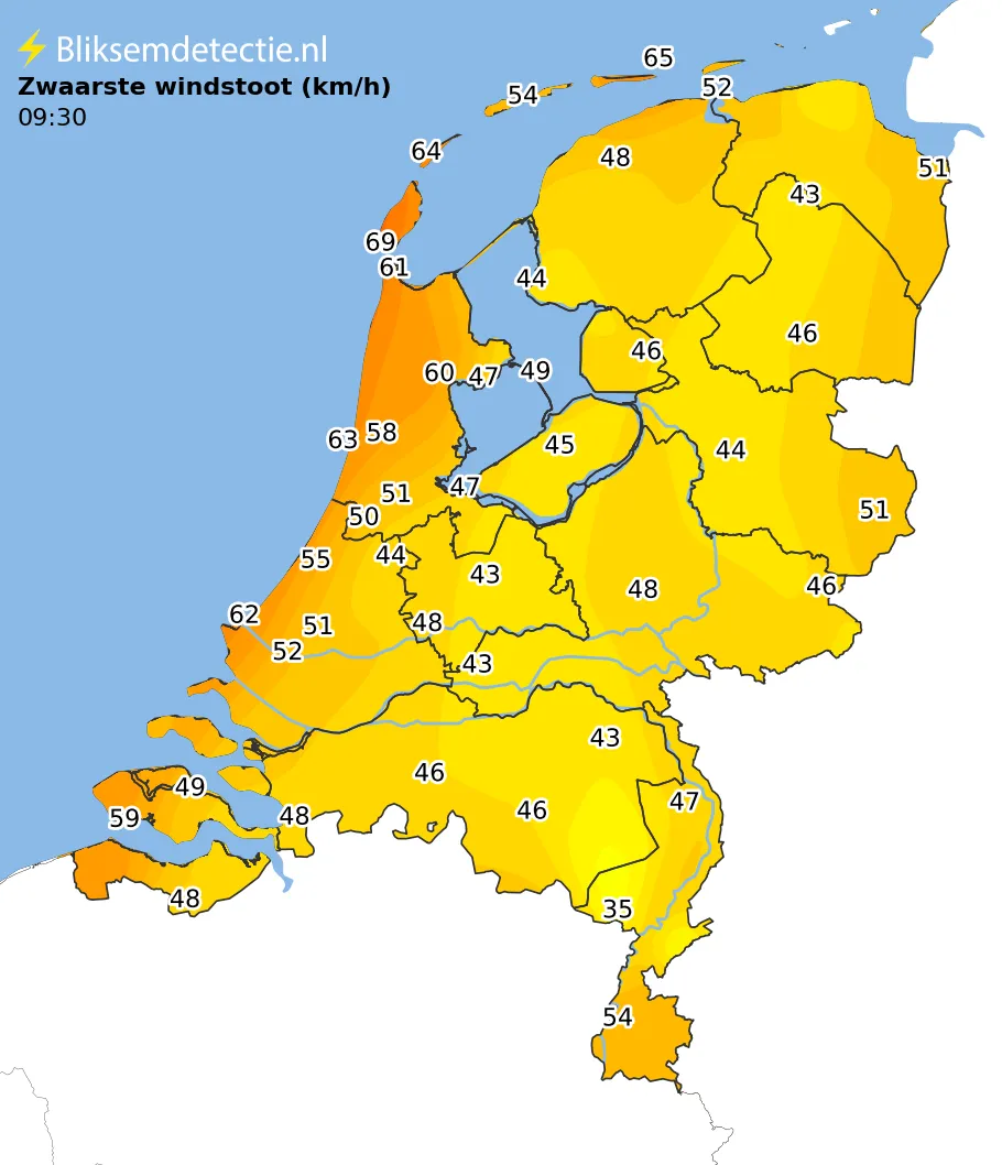 Zwaarste windstoten kaart Nederland