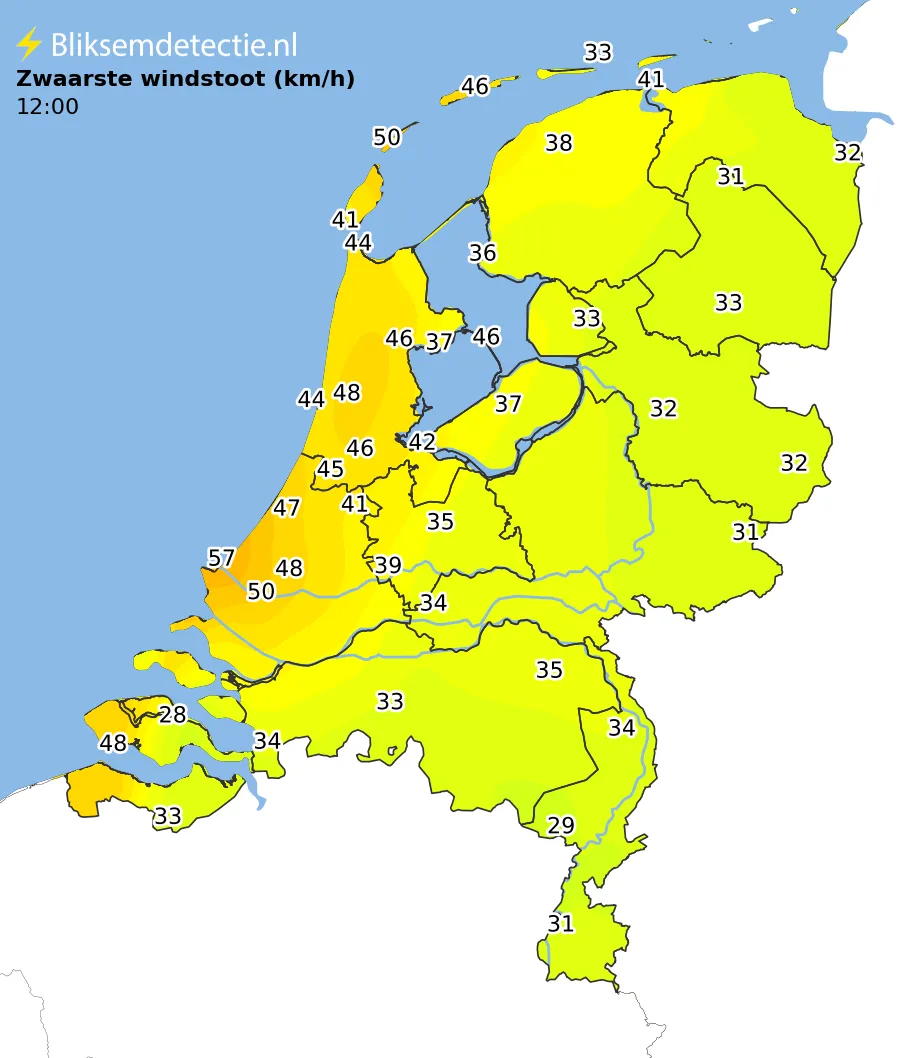 Zwaarste windstoten kaart Nederland