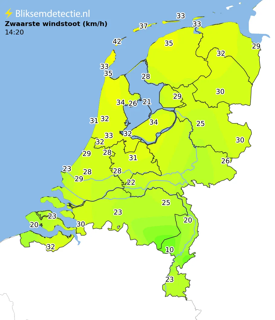Zwaarste windstoten kaart Nederland