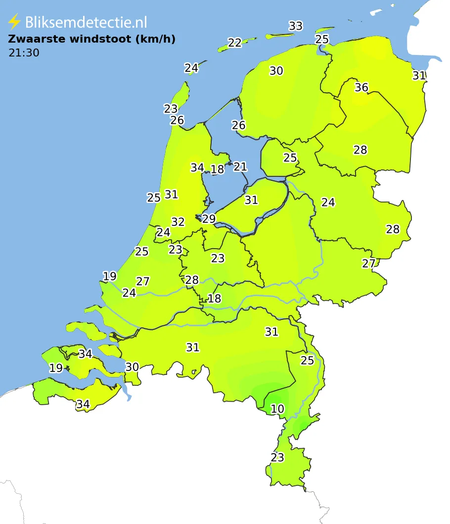Zwaarste windstoten kaart Nederland