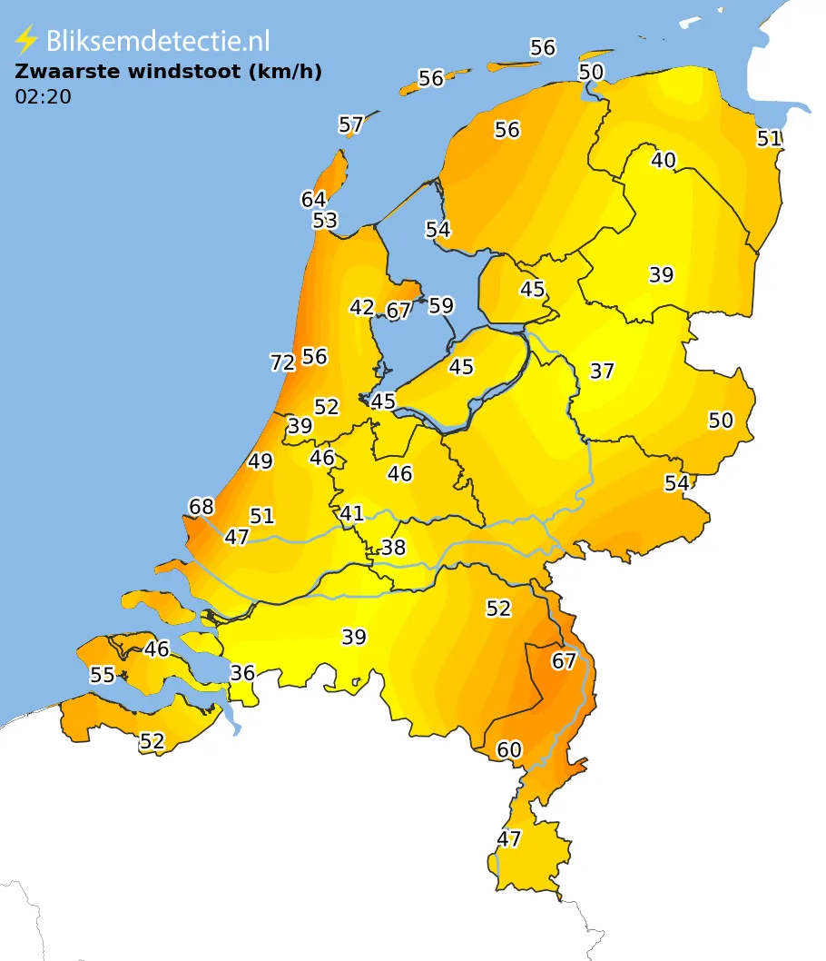 Zwaarste windstoten kaart Nederland
