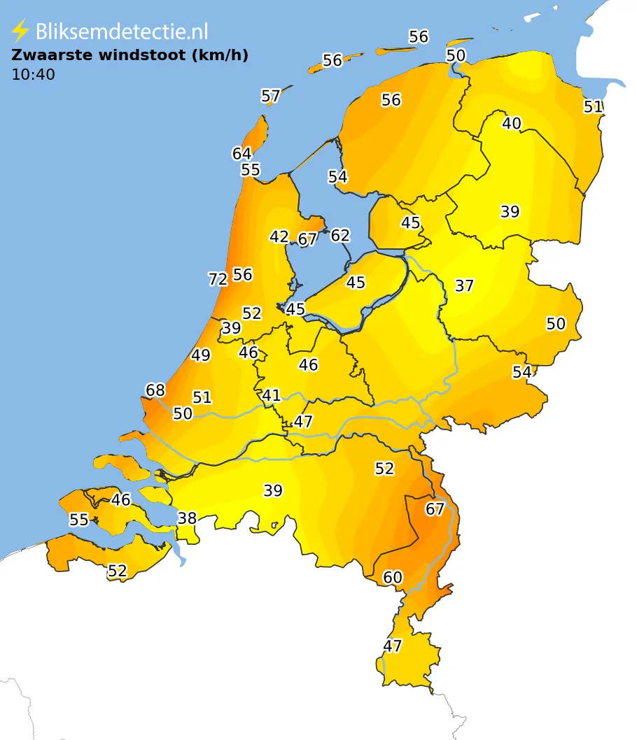 Zwaarste windstoten kaart Nederland