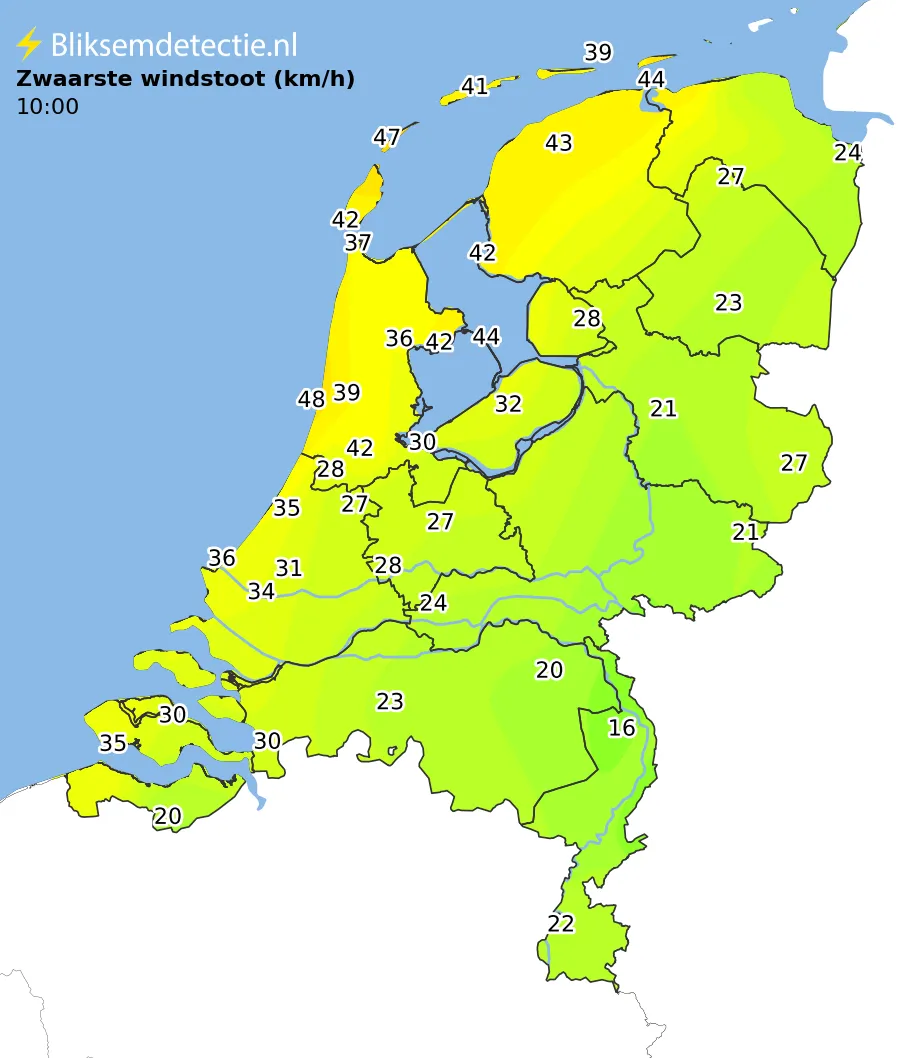 Zwaarste windstoten kaart Nederland
