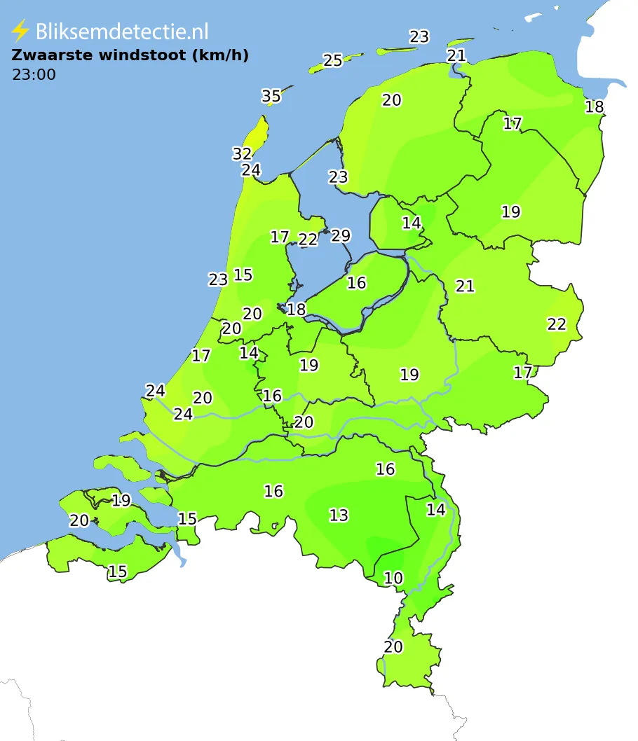 Zwaarste windstoten kaart Nederland