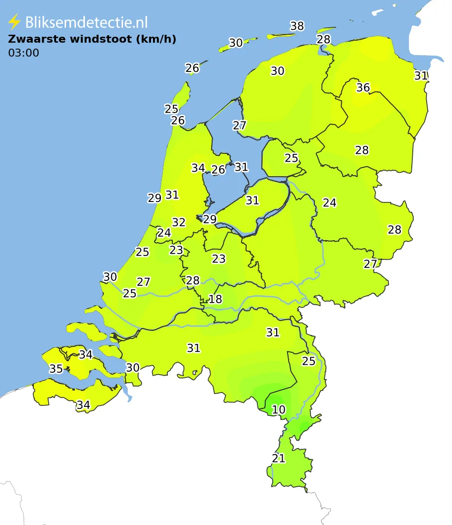 Zwaarste windstoten kaart Nederland