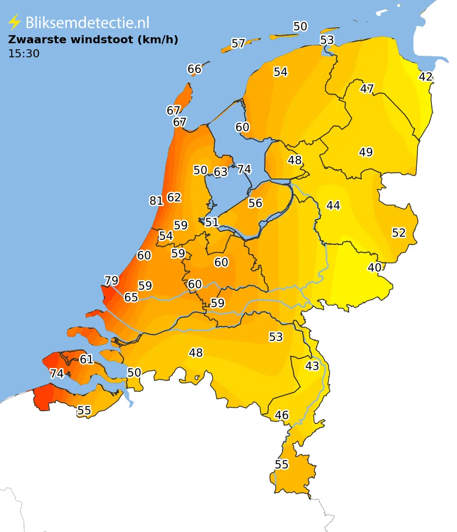 Zwaarste windstoten kaart Nederland