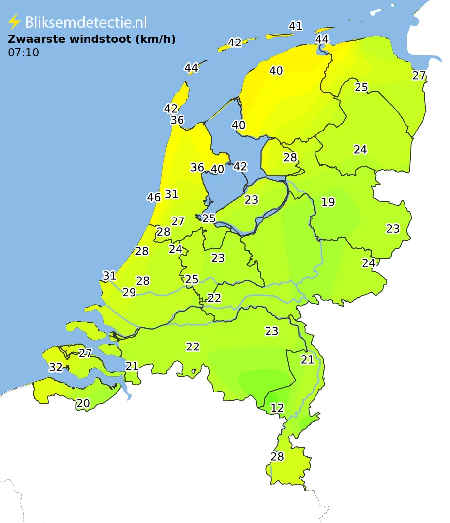 Zwaarste windstoten kaart Nederland