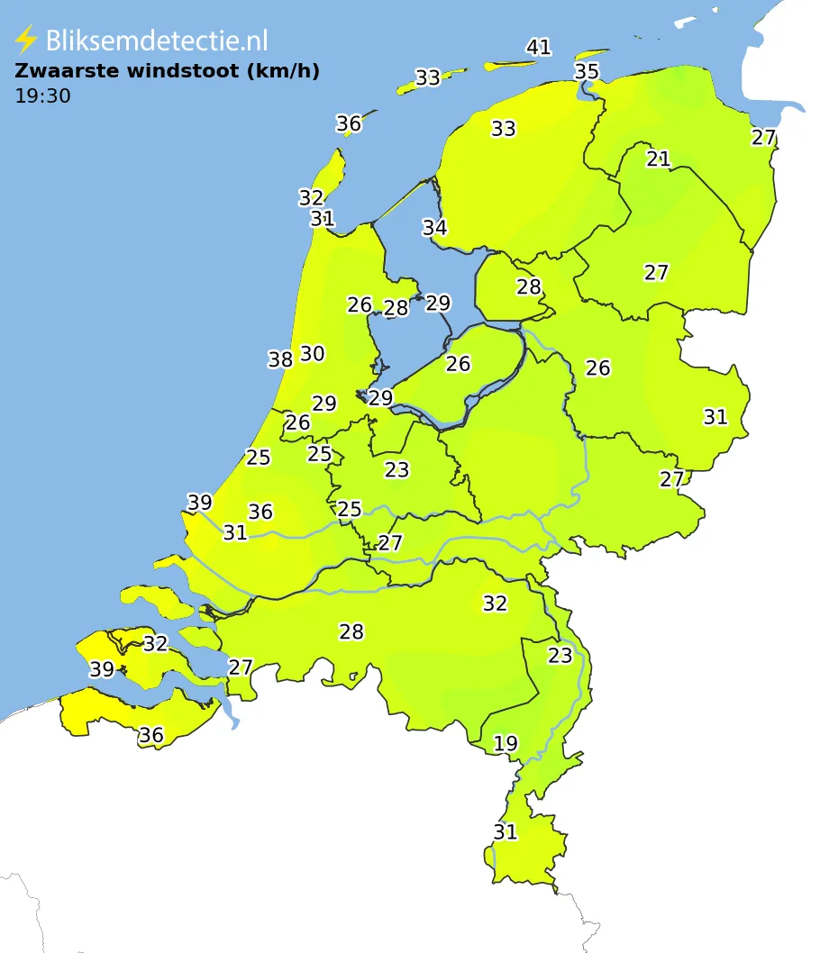Zwaarste windstoten kaart Nederland