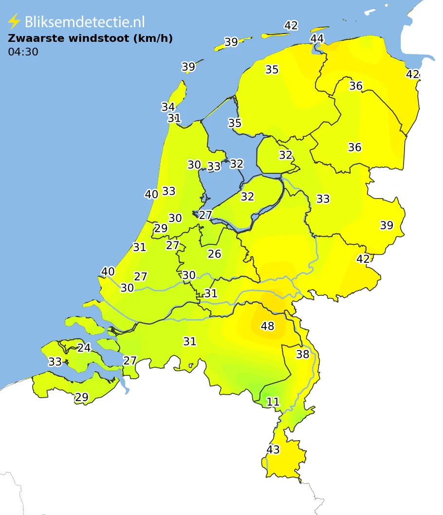 Zwaarste windstoten kaart Nederland