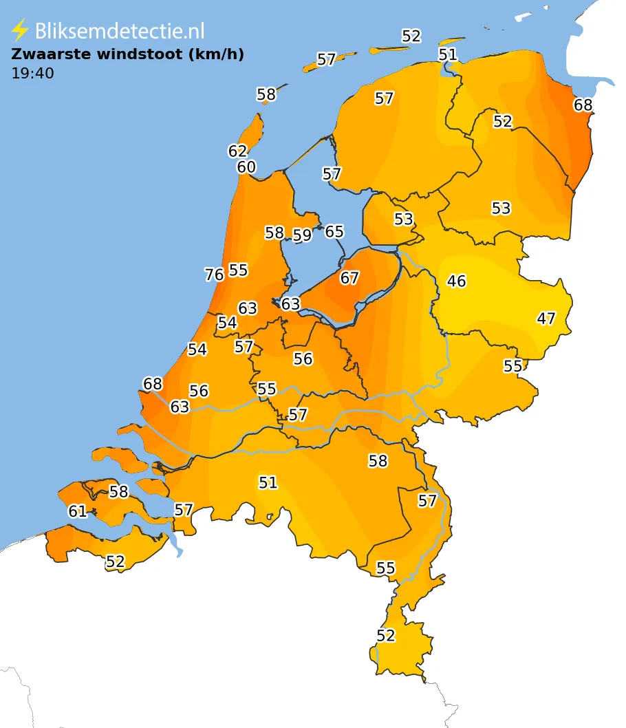 Zwaarste windstoten kaart Nederland