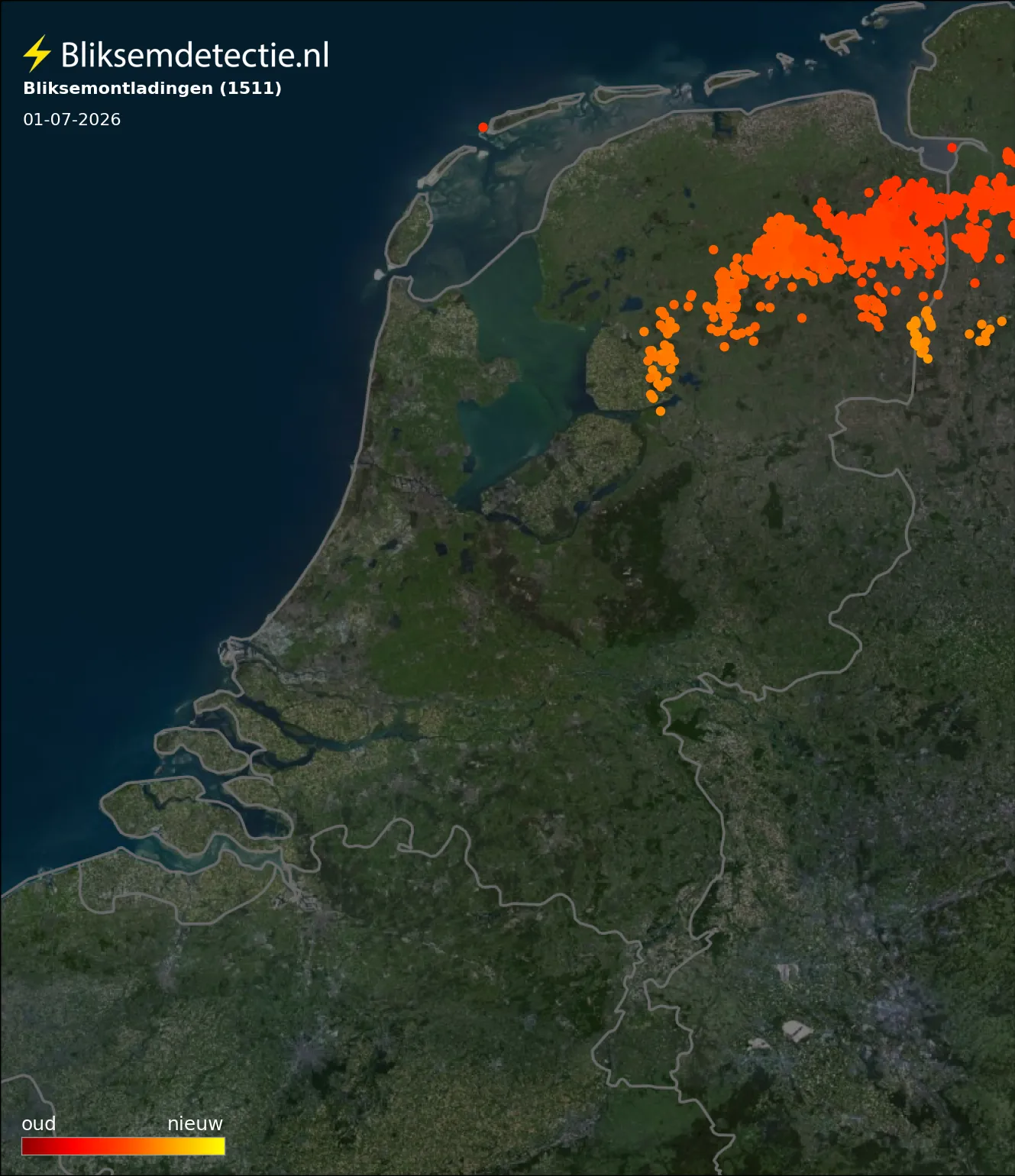 Bliksemkaart Nederland 1 juli 2026