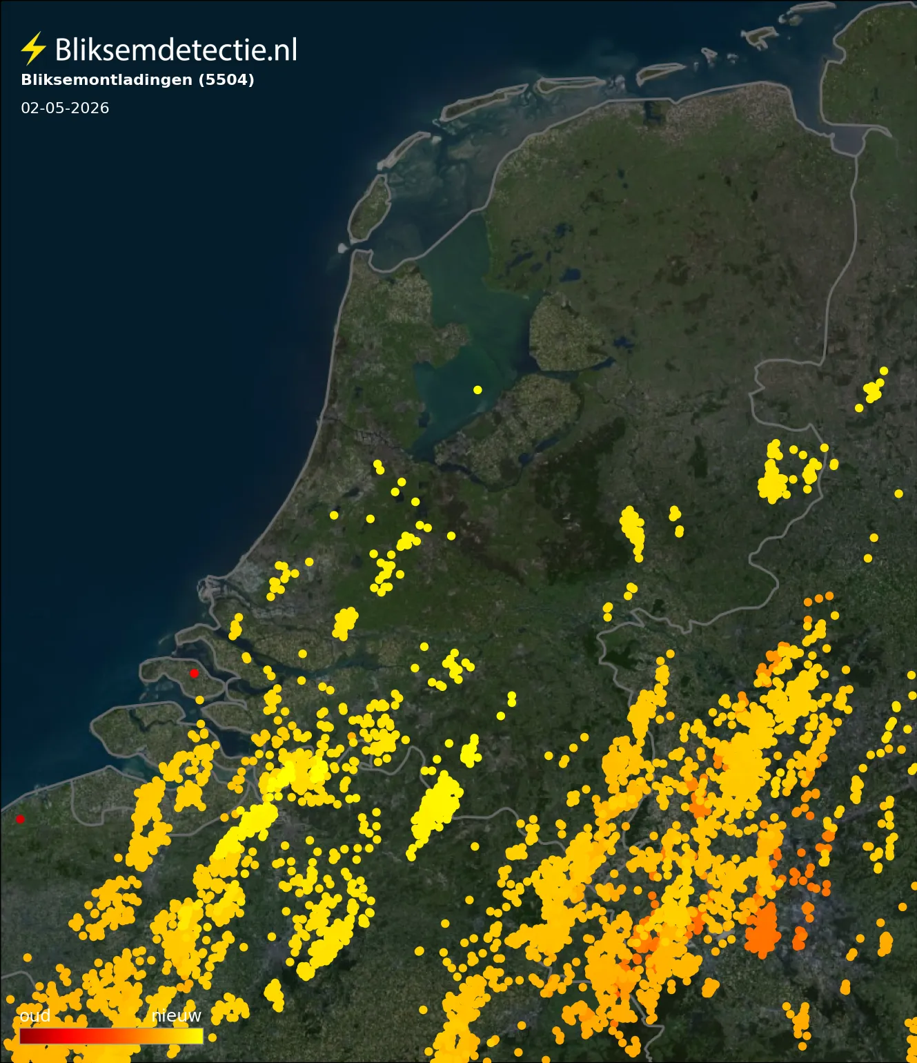 Bliksemkaart Nederland 2 mei 2026