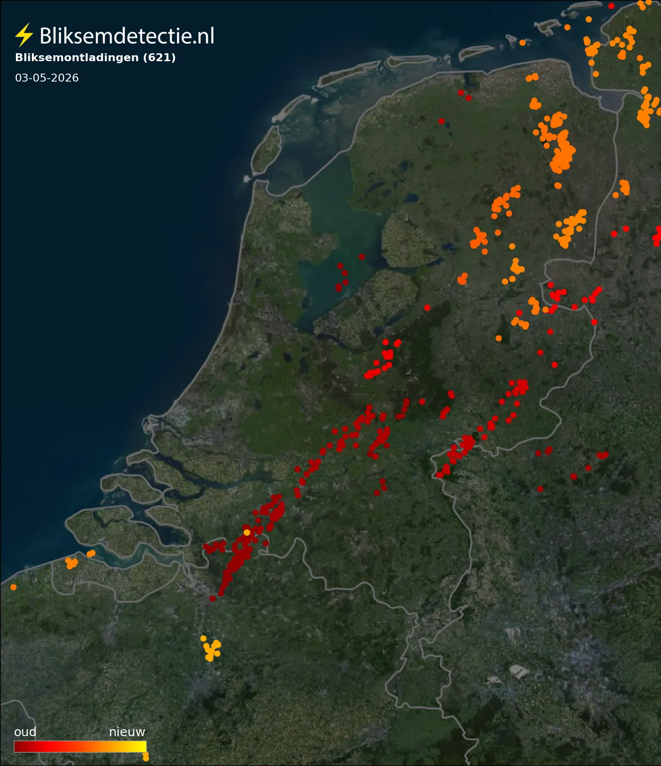 Bliksemkaart Nederland 3 mei 2026