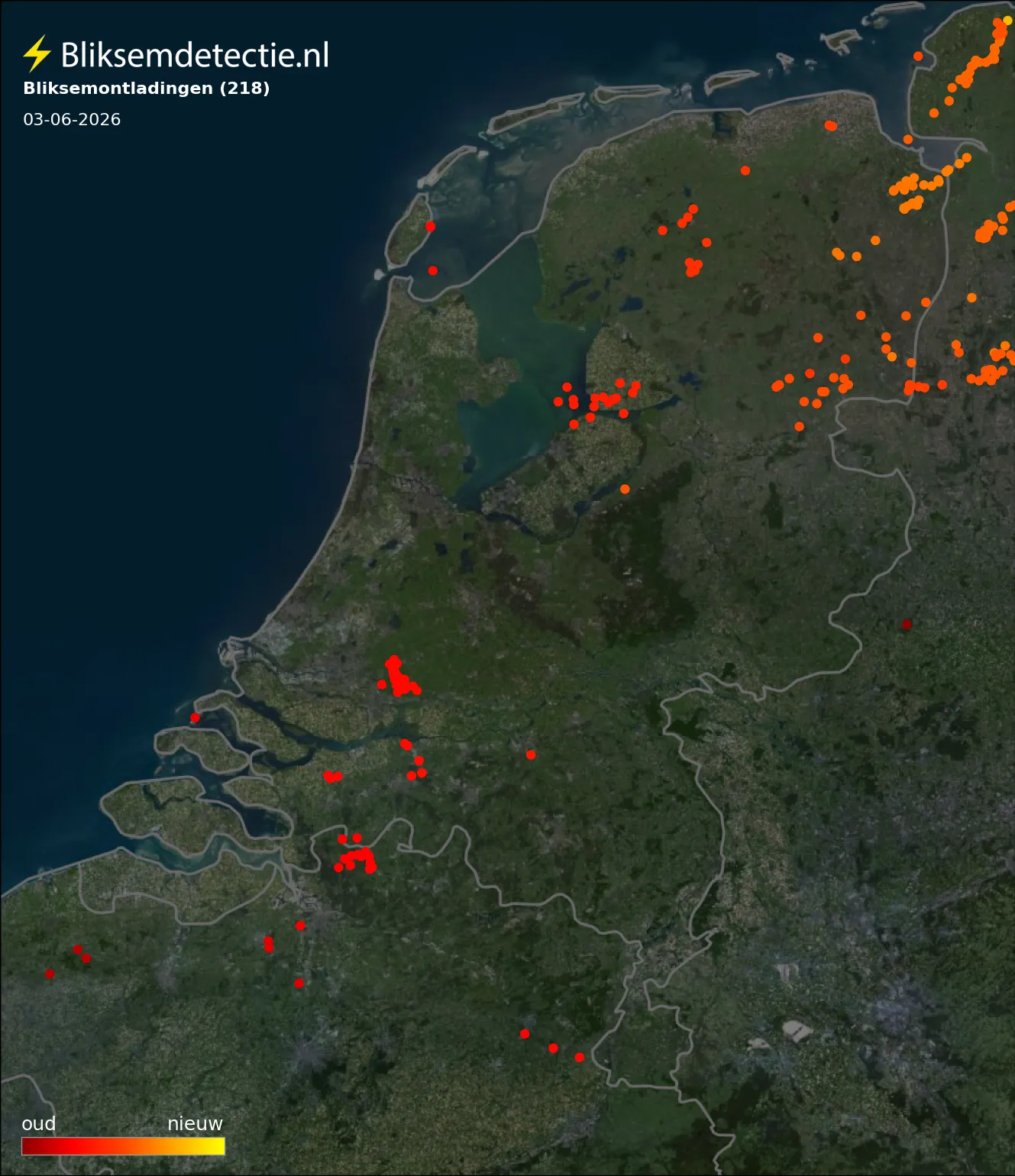Bliksemkaart Nederland 3 juni 2026