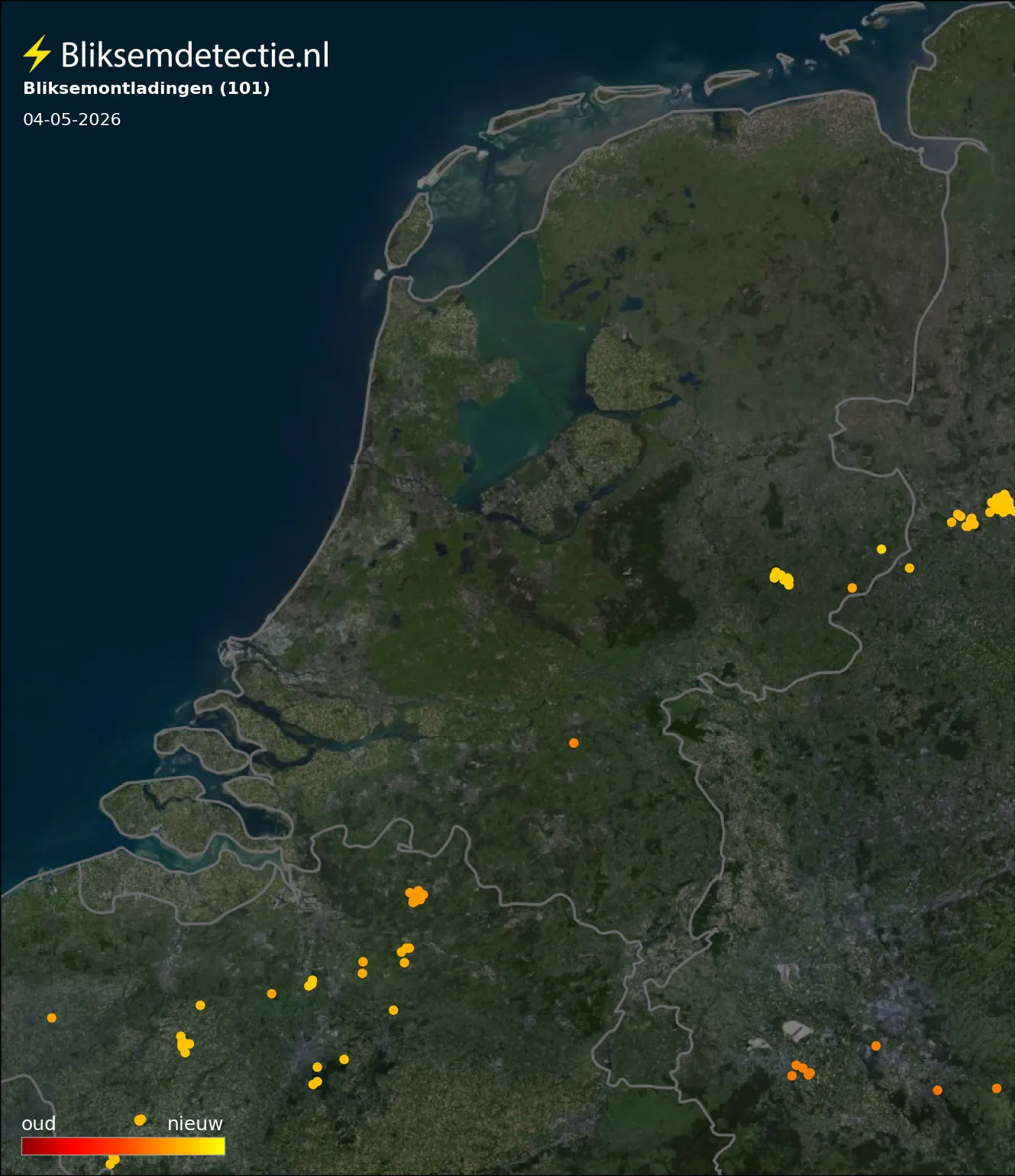 Bliksemkaart Nederland 4 mei 2026