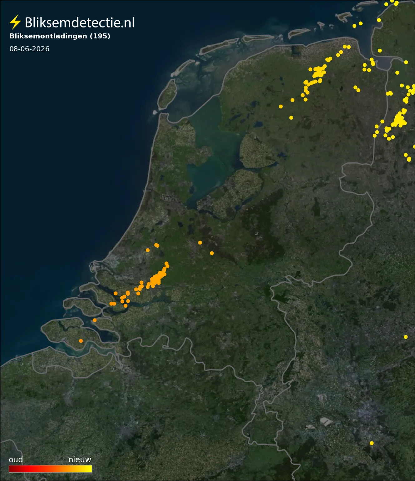 Bliksemkaart Nederland 8 juni 2026