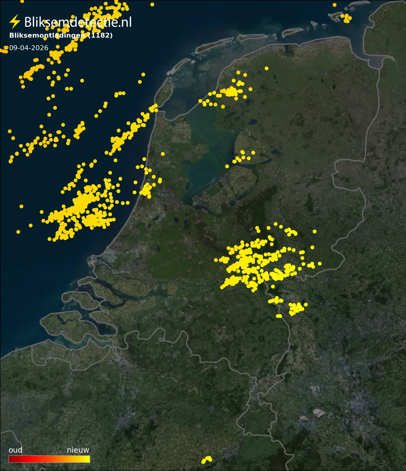 Bliksemkaart Nederland 9 april 2026