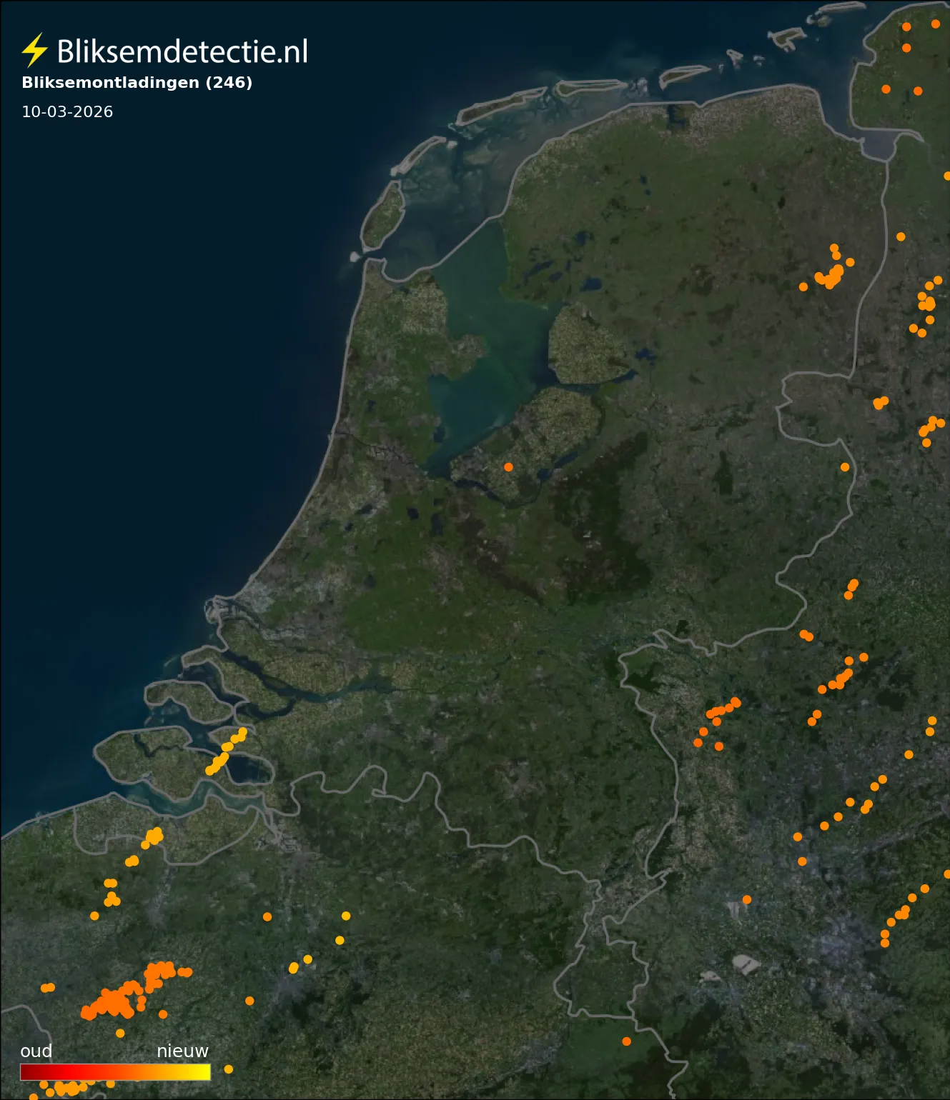 Bliksemkaart Nederland 10 maart 2026