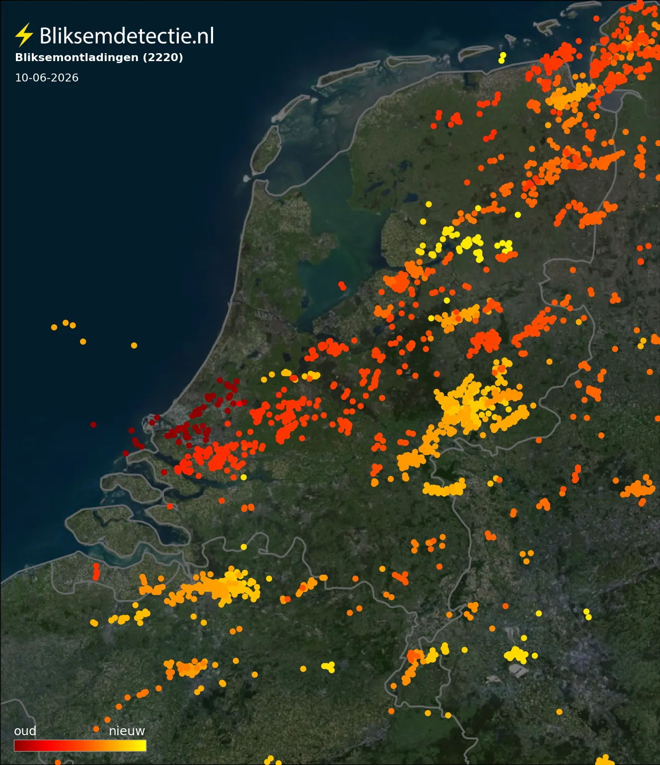 Bliksemkaart Nederland 10 juni 2026