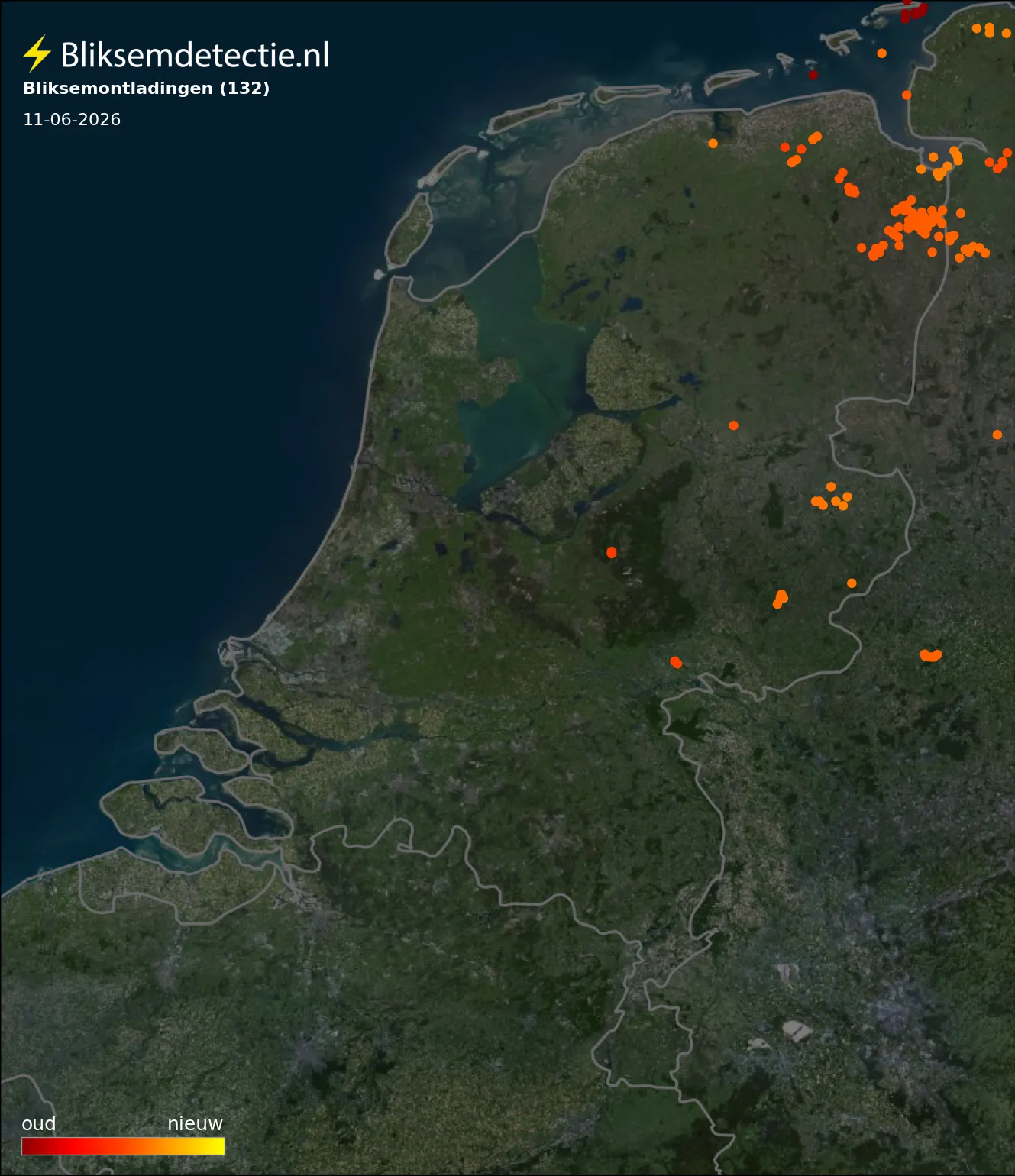 Bliksemkaart Nederland 11 juni 2026