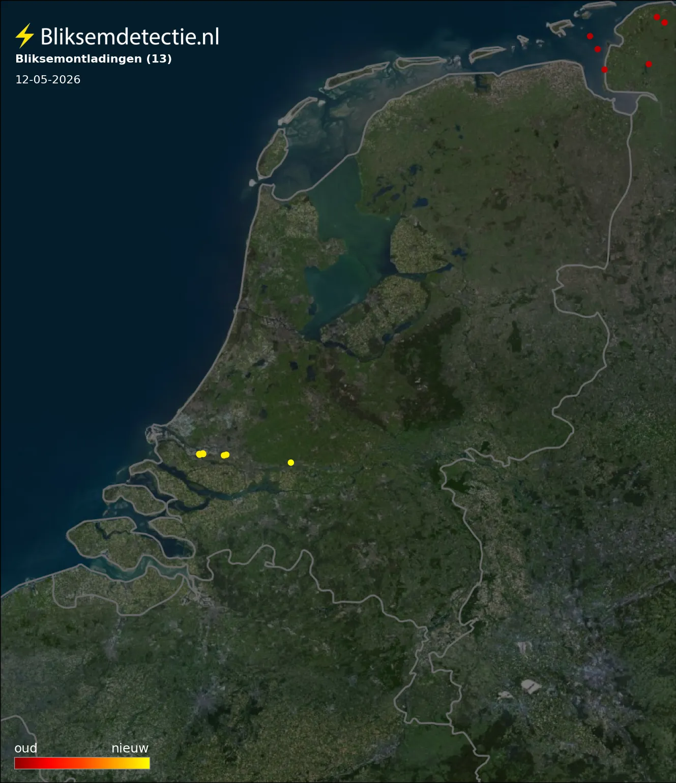 Bliksemkaart Nederland 12 mei 2026