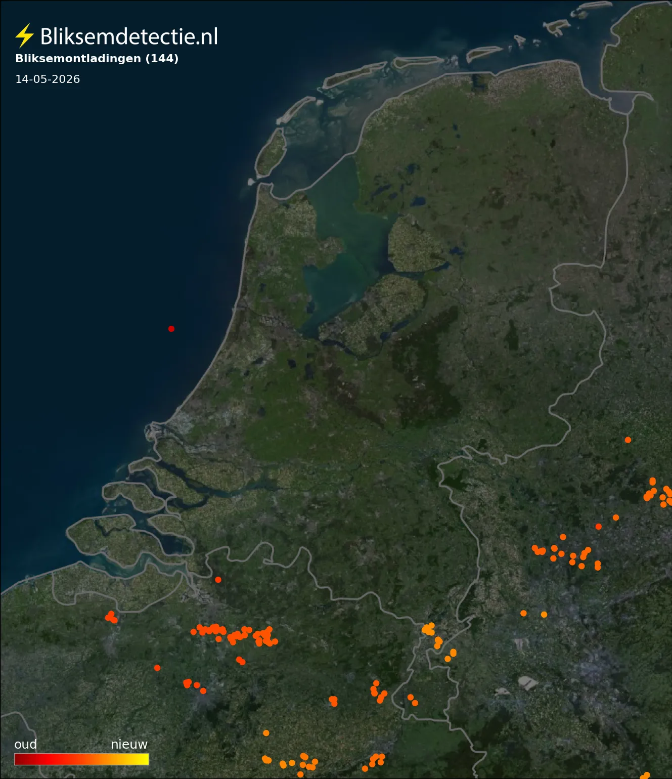 Bliksemkaart Nederland 14 mei 2026