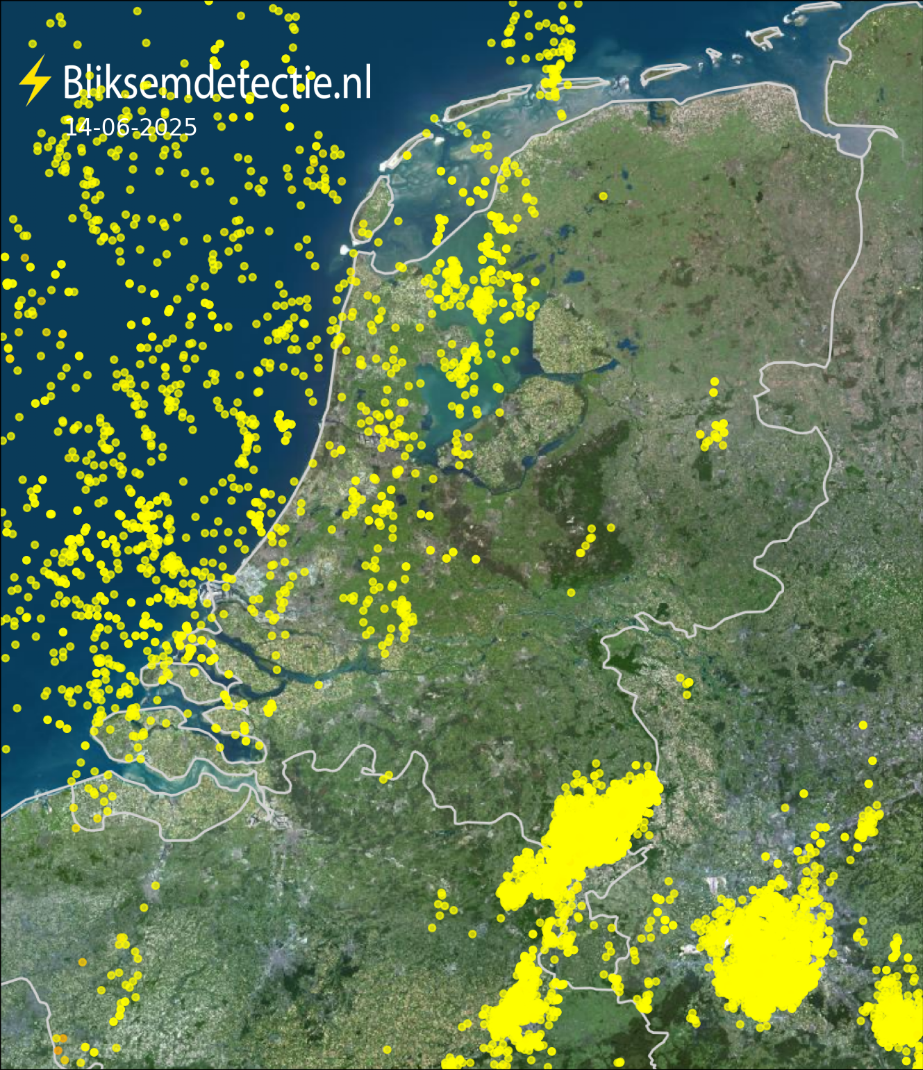 Bliksemkaart Nederland 14 juni 2025