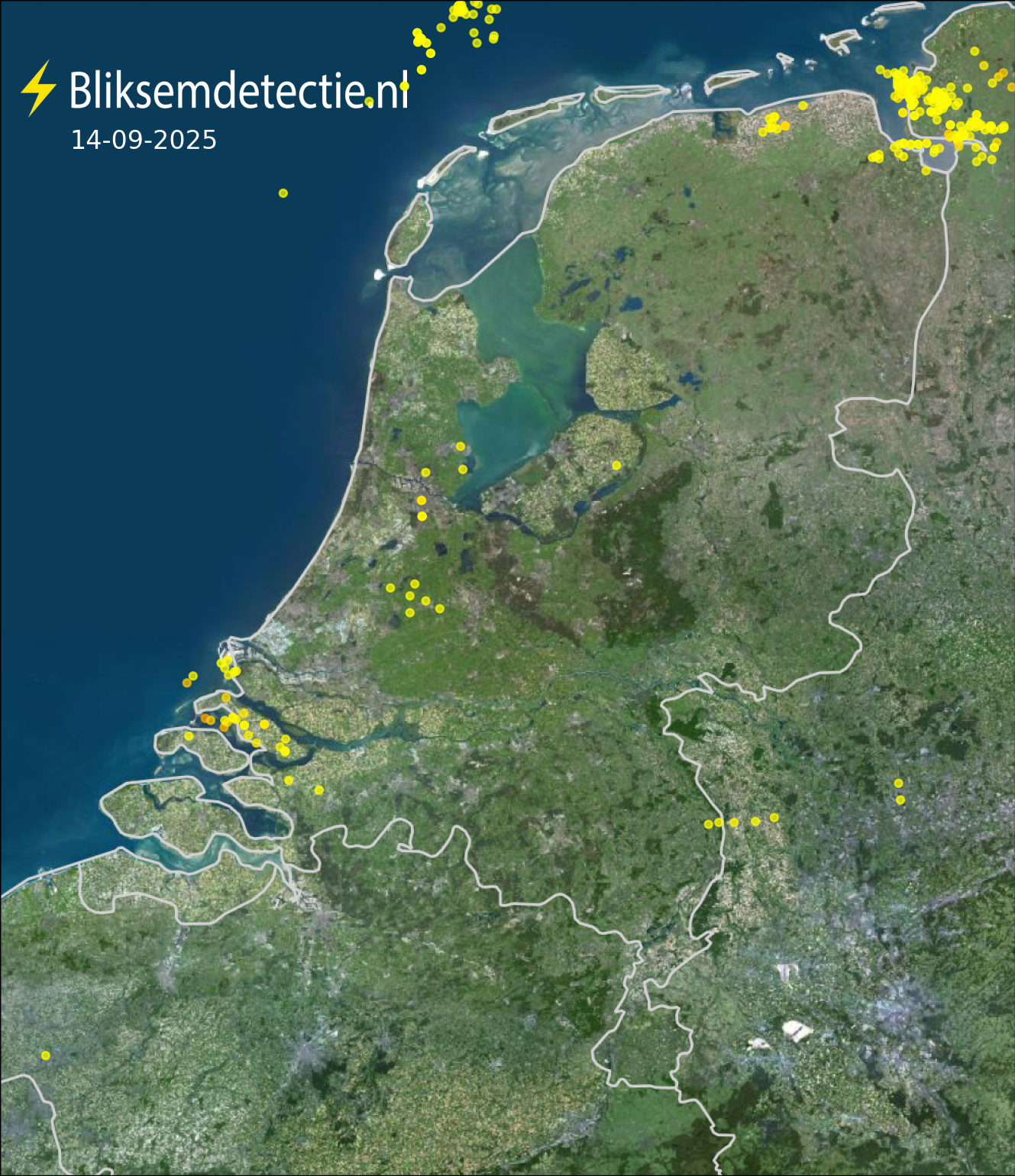 Bliksemkaart Nederland 14 september 2025