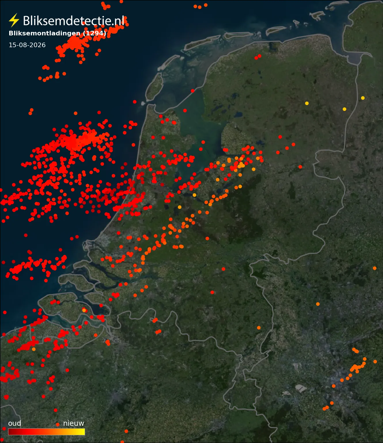 Bliksemkaart Nederland 15 augustus 2026