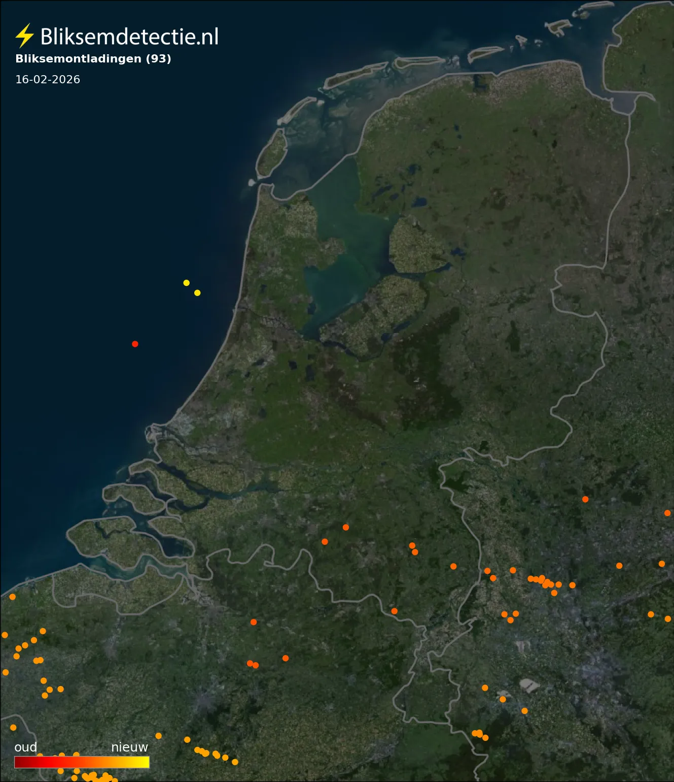 Bliksemkaart Nederland 16 februari 2026