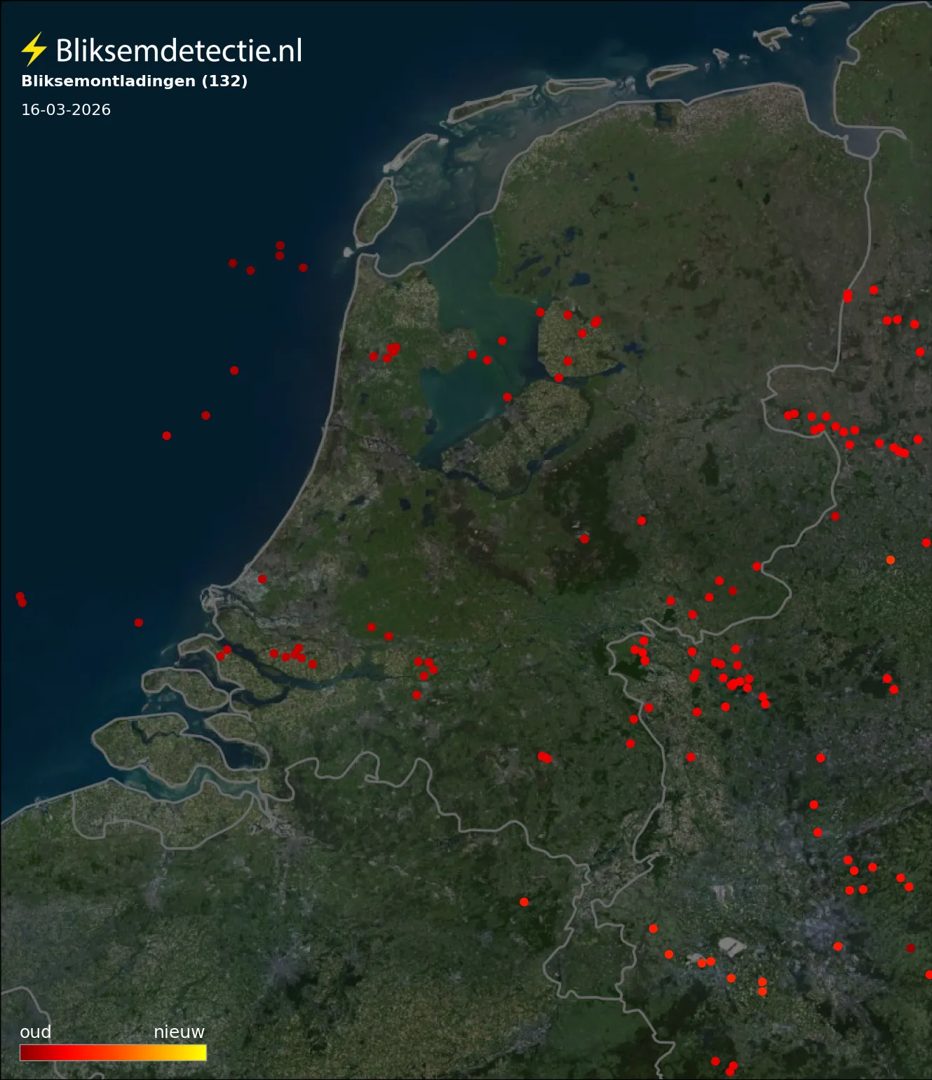 Bliksemkaart Nederland 16 maart 2026