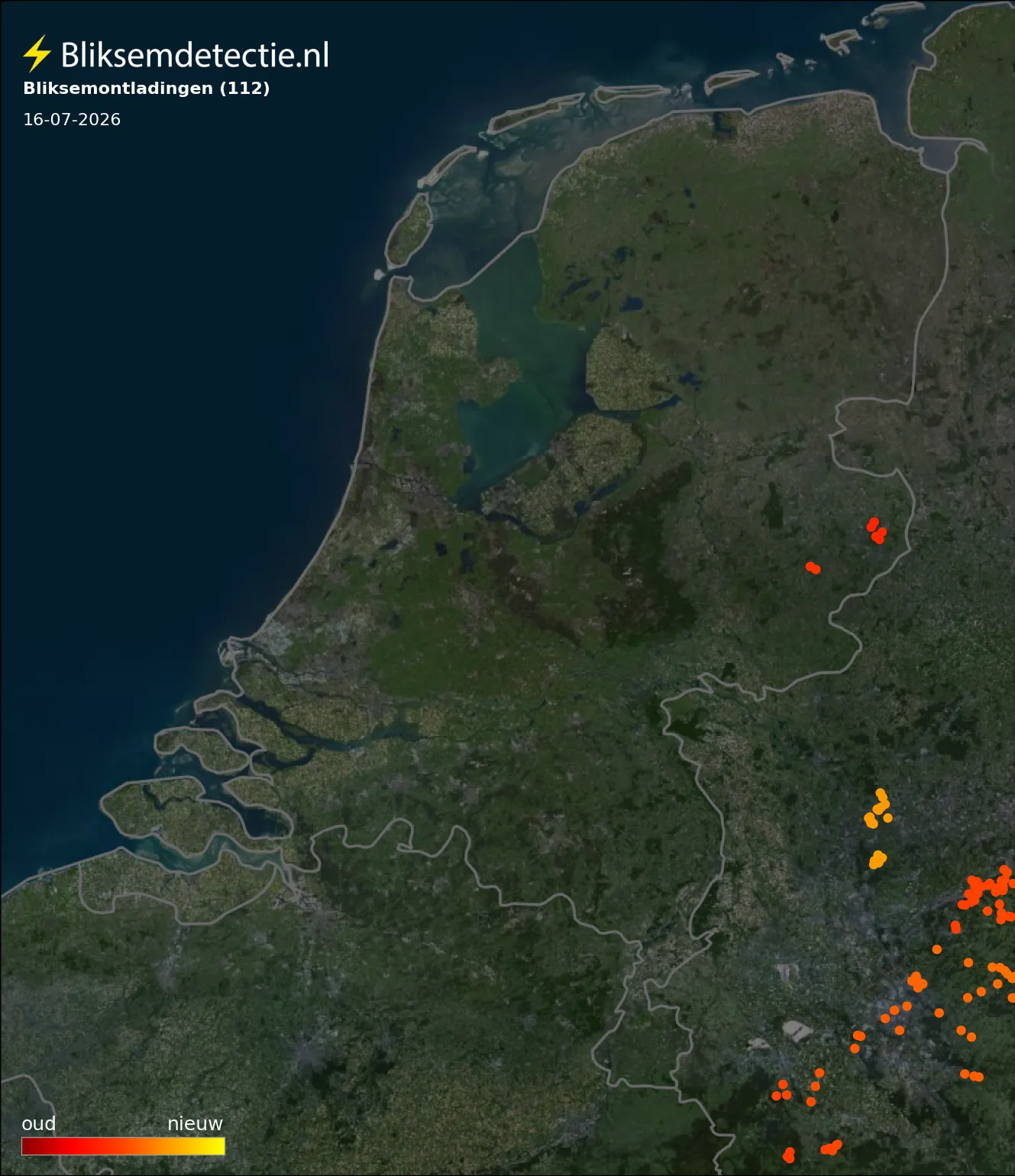 Bliksemkaart Nederland 16 juli 2026