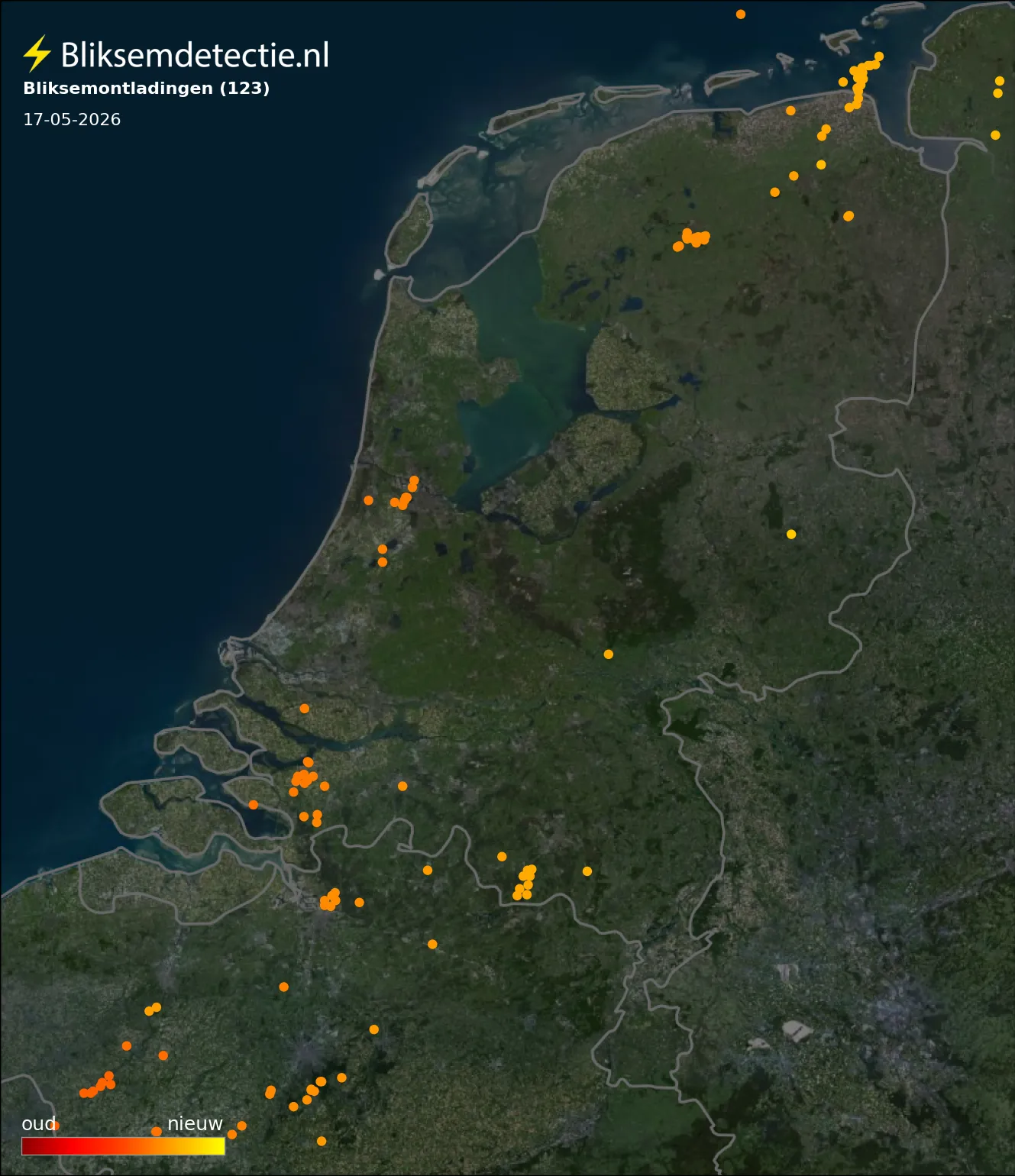 Bliksemkaart Nederland 17 mei 2026