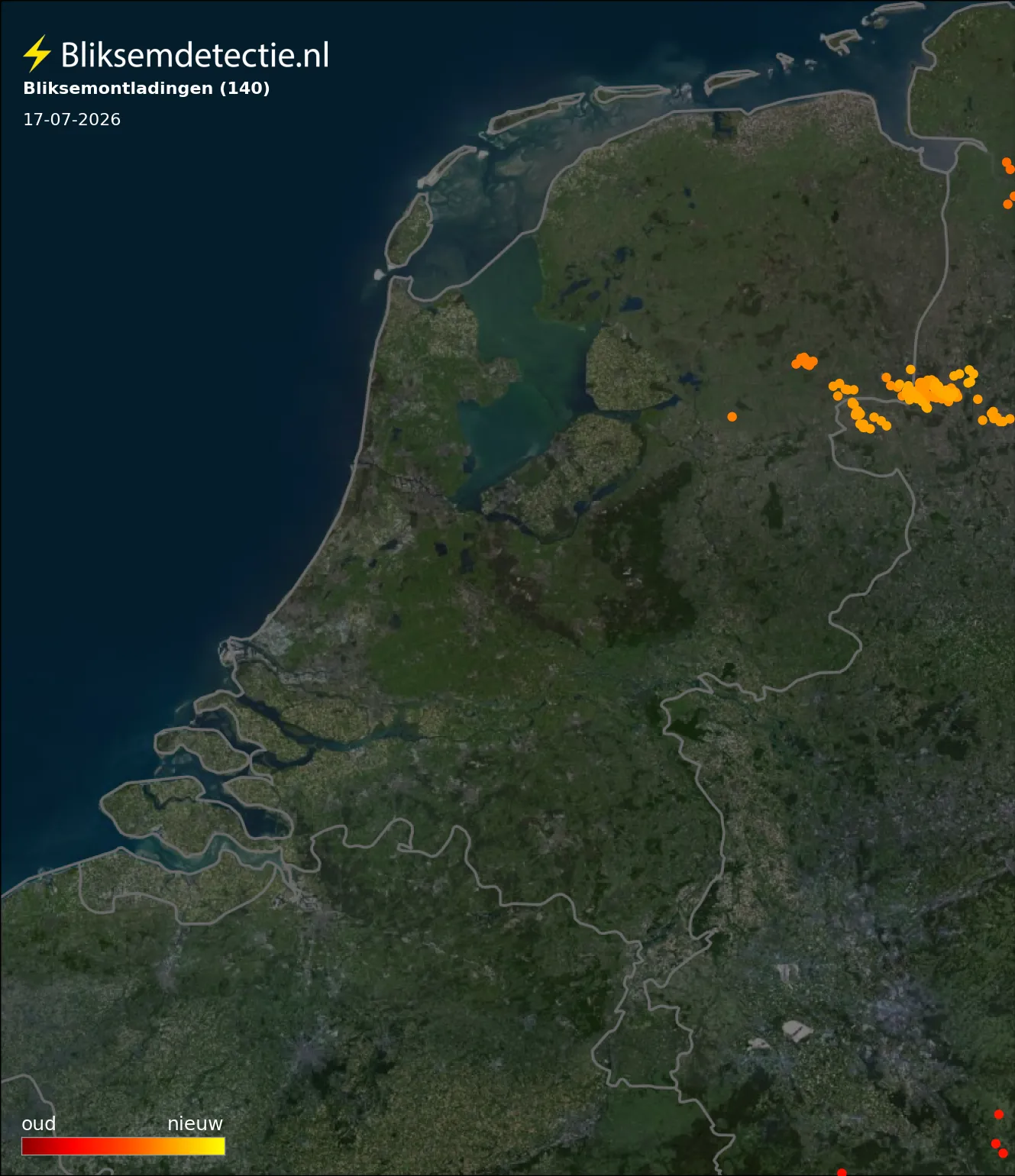 Bliksemkaart Nederland 17 juli 2026