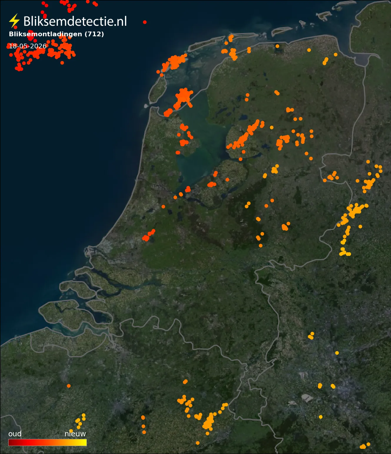 Bliksemkaart Nederland 18 mei 2026