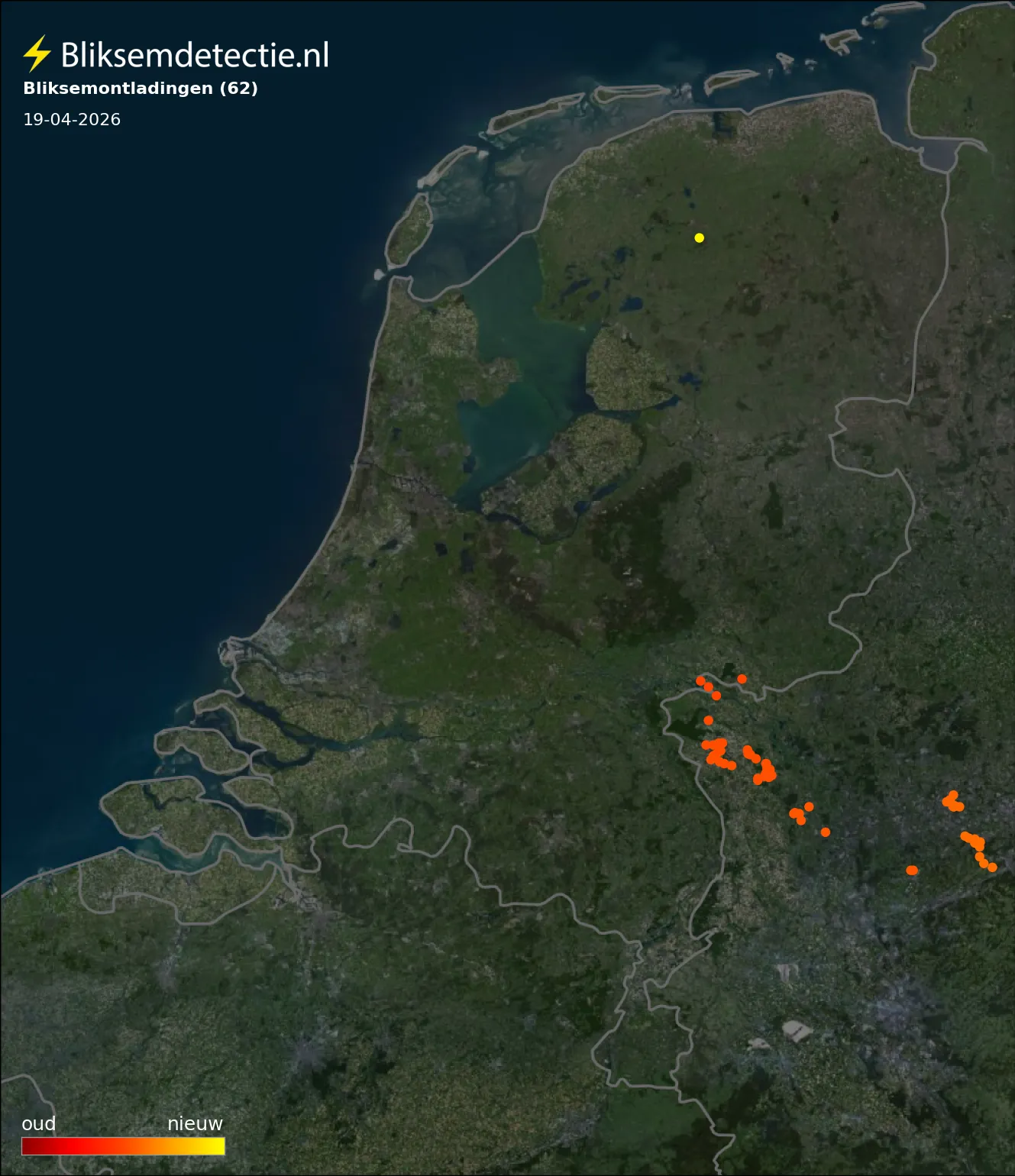 Bliksemkaart Nederland 19 april 2026